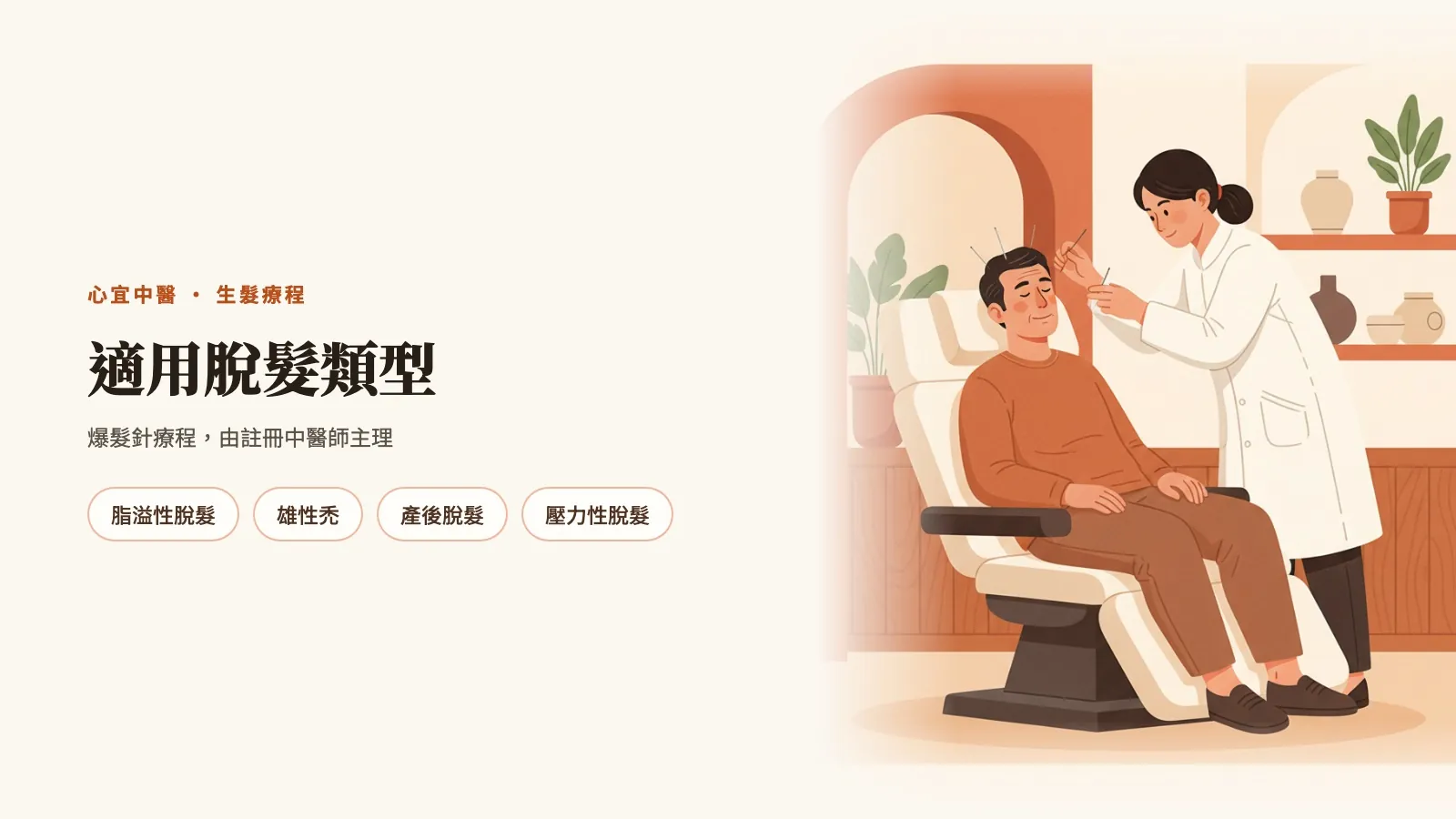 適用脫髮類型：脂溢性脫髮、雄性禿、產後脫髮、壓力性脫髮